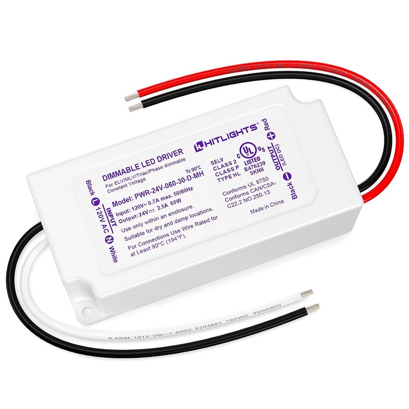 HitLights 60W Dimmable LED Driver, Electronic Transformer, 120V AC to 24V DC Power Supply for LED Strip Light, Low Voltage Lighting Project, Compatible with Lutron Leviton Dimmers, UL Listed, Class 2 - Image 1
